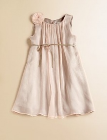 Sheer crinkle silk with one gossamer rosette in a special occasion frock that's both sweet and sophisticated.Round neckline with soft pleating, front and backRosette at one shoulderSleevelessSlightly flared shapeSparkle ribbon tie beltBack button-and-loop closeFully linedSilkDry cleanImported Please note: Number of buttons may vary depending on size ordered. Sheer crinkle silk with one gossamer rosette in a special occasion frock that's both sweet and sophisticated.Round neckline with soft pleating, front and backRosette at one shoulderSleevelessSlightly flared shapeSparkle ribbon tie beltBack button-and-loop closeFully linedSilkDry cleanImported Please note: Number of buttons may vary depending on size ordered.