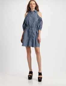 A cinched shift of featherweight chambray, finished with ruched cut-out shoulders and a feminine blouson top.Point collarButton-front placketThree-quarter blouson sleevesDrawstring waistAbout 19 from natural waistCottonDry cleanImportedModel shown is 5'10 (177cm) wearing US size 4.