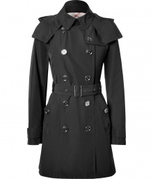 Invest in high style with this ultra-chic hooded trench from Burberry London - Small spread collar, hood with snap detailing, long sleeves with buttoned cuffs, double-breasted, front button placket, belted waist - Fitted silhouette - Pair with slim trousers or jeans and a cashmere pullover Invest in high style with this ultra-chic hooded trench from Burberry London - Small spread collar, hood with snap detailing, long sleeves with buttoned cuffs, double-breasted, front button placket, belted waist - Fitted silhouette - Pair with slim trousers or jeans and a cashmere pullover