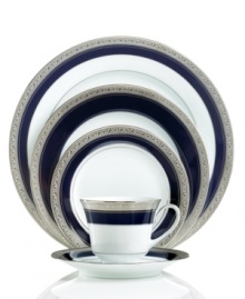 Crestwood Cobalt Platinum place settings are an ideal addition to your collection of formal white fine china. The dinnerware from Noritake displays a dramatic combination of scrolling leaves on shimmering platinum and an inner band of intense cobalt blue.