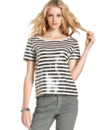 Seafaring stripes get a glam update thanks to shining sequins in this easy top from DKNY Jeans. Wear it with denim for daytime or dress it up with a bright skirt for night.