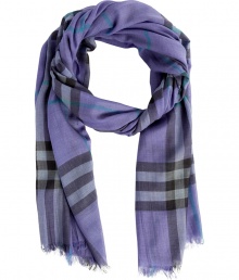 Detailed in a luscious shade of checked iris blue, Burberry Londons gauzy wool-silk scarf lends a radiant finish to every outfit - Slightly sheer, frayed ends - Wrap around neutral hued knitwear, or layer over sleek tailored outerwear Detailed in a luscious shade of checked iris blue, Burberry Londons gauzy wool-silk scarf lends a radiant finish to every outfit - Slightly sheer, frayed ends - Wrap around neutral hued knitwear, or layer over sleek tailored outerwear