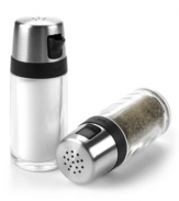 Shake up your table routine. A modern, simplistic design with stainless steel accents stands out in any setting and is the perfect accent for everyday and every meal. Each shaker features unique hole patterns for ideal dispensing of salt or pepper and a side spout that makes pouring simple.