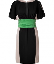 Add instant chic to your party-perfect look with this flirty dress from Paule Ka - Bateau neck, flutter sleeve with cut out detail, draped bodice, contrasting pleated wide waist belt, contrasting colorblock side panels, concealed side zip closure- Wear with fishnets, platform pumps, a slim trench, and a statement clutch