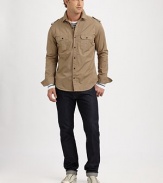 Rugged selvage denim gives these 5-pocket jeans a classic, lean, laid-back look.Button flySet-on waistband with belt loopsFive-pocket stylingStraight legsInseam, about 33CottonMachine washMade in USA