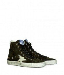 Luxe with a retro edge, these high-top sneakers from Golden Goose will kick your style into high gear - Round toe, lace up style, side star detail, exposed side-zip closure, stylishly distressed, contrasting rubber sole, back metallic leather stripe - Pair with jeans or cargo pants, a tee, and a leather jacket