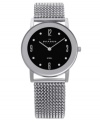 Dark drama. Elegantly timeless watch by Skagen Denmark crafted of stainless steel mesh expansion bracelet and round case. Black dial features applied silver tone numerals at twelve, three, six and nine o'clock, dot markers, eight crystal elements by Swarovski, two silver tone hands and logo. Quartz movement. Water resistant to 30 meters. Limited lifetime warranty.