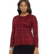 Lauren Ralph Lauren's plus size cheery plaid pattern accentuates a cozy long-sleeved cotton tee, perfect for layering in cooler weather.