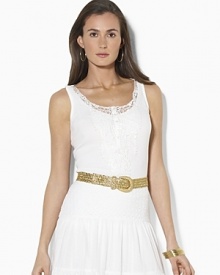 A classic cotton tank is given a romantic update with delicate crocheted lace at the placket.