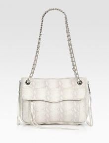 Silver-toned chain hardware denotes a modern design in this impeccably-crafted lizard-embossed leather shape. Double chain shoulder straps, 11¾ dropMagnetic snap closureOne outside flap-zip pocketProtective metal feetOne inside zip compartmentOne inside zip pocketTwo inside open pocketsCotton lining11¼W X 8¼H X 4DImported Silver-toned chain hardware denotes a modern design in this impeccably-crafted lizard-embossed leather shape. Double chain shoulder straps, 11¾ dropMagnetic snap closureOne outside flap-zip pocketProtective metal feetOne inside zip compartmentOne inside zip pocketTwo inside open pocketsCotton lining11¼W X 8¼H X 4DImported