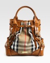 Gorgeous whip-stitched leather pairs with signature check canvas in this slouchy top-handle carryall.Double top handles, 6 dropMagnetic top closureOutside buckled strapsProtective metal feetCenter zip compartmentOne inside zip pocketFully lined13½W X 14HMade in Italy