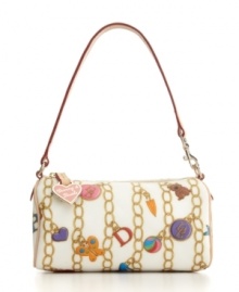 Lighthearted and charming, this mini barrel purse from Dooney & Bourke features a bracelet print with whimsical trinkets. Lighthearted and charming, this mini barrel purse from Dooney & Bourke features a bracelet print with whimsical trinkets.