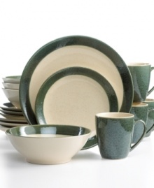 Sango gives casual tables an earthy vibe with this moss and cream Malibu dinnerware set. Hardy stoneware in basic shapes with a unique splattered glaze hosts casual fare with one-of-a-kind style. Sango gives casual tables an earthy vibe with this moss and cream Malibu dinnerware set. Hardy stoneware in basic shapes with a unique splattered glaze hosts casual fare with one-of-a-kind style.