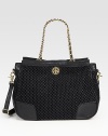 Elegant leather and crocheted yarn design, topped with chain-woven handles and a versatile shoulder strap. Double chain and leather top handles, 7½ dropDetachable adjustable shoulder strap, 12-24¼ dropTurnlock closureProtective metal feetOne inside zip pocketTwo inside open pocketsCanvas lining10¾W X 10¾H X 5¼DImported