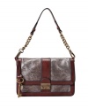 This vintage-inspired flap bag's distressed metallic treatment is spot-on the trend this season.