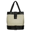 Washable coated linen tote with cowhide leather trim. Separate bottom compartment fits a pair of shoes and other travel items. Straps fit over shoulder. Interior organization pockets. Magnetic closure. Lined.