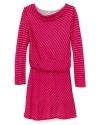 Tonal pinstripe dress with a slouchy scoop neck, gathered waist and long sleeves.