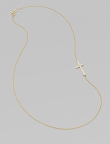 A wispy chain of 14k yellow gold features a cross pendant, punctuated by a single sparkling diamond, set askew for a modern edge.Diamond, .02 tcw 14k yellow gold Length, about 16 Pendant length, about ¾ Spring ring clasp Made in USA A wispy chain of 14k yellow gold features a cross pendant, punctuated by a single sparkling diamond, set askew for a modern edge.Diamond, .02 tcw 14k yellow gold Length, about 16 Pendant length, about ¾ Spring ring clasp Made in USA