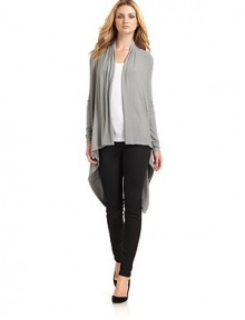 THE LOOKRibbed constructionDraped, open frontLong sleevesTHE FITAbout 36 from shoulder to hemTHE MATERIAL95% viscose/5% spandexCARE & ORIGINMachine washMade in USAModel shown is 5'9½ (176cm) wearing US size Small. THE LOOKRibbed constructionDraped, open frontLong sleevesTHE FITAbout 36 from shoulder to hemTHE MATERIAL95% viscose/5% spandexCARE & ORIGINMachine washMade in USAModel shown is 5'9½ (176cm) wearing US size Small.