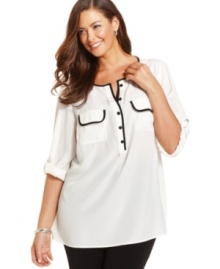 Lend a chic feel to your casual ensembles with Alfani's plus size utility top, accented by contrast piping (Clearance)