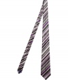 Stylish tie in fine, pure black and violet silk - Elegant, multicolor stripe motif - Soft, satin-y material has a subtle sheen - Medium-width cut is classically cool and polished to perfection - Ideal for work and evenings out - Pair with a crisp, white button down and a dark suit - Also makes a superb gift