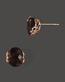 Faceted smoky quartz earrings in intricate 14K rose gold settings.