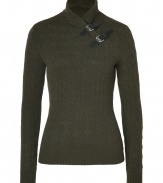 Inject a luxe note into your timeless classic look with Ralph Laurens cable knit loden cashmere pullover - Wrapped mock neck, belted leather straps, long sleeves, ribbed trim - Slim fit - Wear with everything from jeans and flats to mid-length wool skirts and leather boots