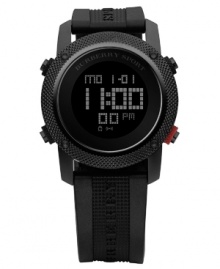 This Burberry timepiece features a black rubber strap. Black stainless steel round case and round digital dial with day and date functions. Swiss movement. Water resistant to 100 meters. Two-year limited warranty. This Burberry timepiece features a black rubber strap. Black stainless steel round case and round digital dial with day and date functions. Swiss movement. Water resistant to 100 meters. Two-year limited warranty.