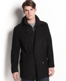 Welcome a classic to the modern age with this zipper-accented pea coat from Calvin Klein.