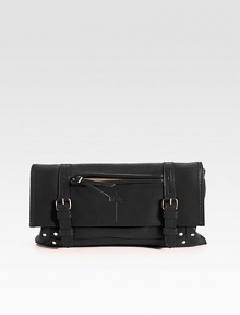 A boldly colored design in luxurious lambskin leather with a buckle accented flap closure.Magnetic flap closure with zipperOne outside zip pocketMirror under flapCotton lining10W X 5½H X ¾DImported A boldly colored design in luxurious lambskin leather with a buckle accented flap closure.Magnetic flap closure with zipperOne outside zip pocketMirror under flapCotton lining10W X 5½H X ¾DImported
