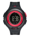 Go up against yourself for competition with this serious Response Sequence watch by adidas. Gray-striped black polyurethane strap and round plastic case with gray aluminum bezel, red logo and red pushers. Negative display digital dial with black background features gray digits displaying time, day, date, 50-lap memory, shadow race mode, chronograph and interval timer. Quartz movement. Water resistant to 100 meters. Two-year limited warranty.