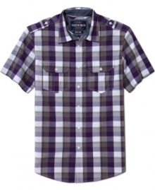 A vintage poplin plaid pattern gives your look a serious refresh with this short-sleeve button-up shirt from Ecko Unltd. A vintage poplin plaid pattern gives your look a serious refresh with this short-sleeve button-up shirt from Ecko Unltd.