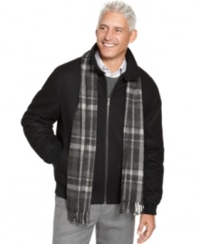 London Fog's warm wool barracuda jacket comes ready to accentuate any cold-weather style. London Fog's warm wool barracuda jacket comes ready to accentuate any cold-weather style.
