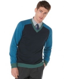 Color up your fall layers with this colorblocked v-neck sweater from Perry Ellis.