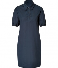 With its timeless classic styling and streamlined look, Jil Sander Navys navy stretch cotton shirtdress is a work and weekend essential staple - Classic collar, gathered short sleeves, elasticized cuffs, partial button placket, slit sides - Loosely tailored fit - Wear with chic flats and an oversized leather tote