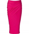 With its shocking pink hue and flattering draped jersey, Donna Karans form-fitting skirt is a radiant luxe way to amp up your outfit - Curved seam with ruching detail, pulls on - Form-fitting - Wear with a silk blouse and pin heels