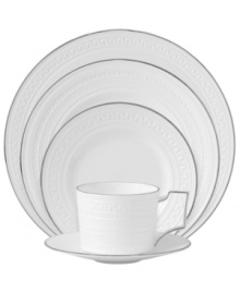 Wedgwood substitutes texture for tone in the exquisite Intaglio Platinum place settings. White bone china embossed with intricate geometric patterns is undeniably modern but inspired by Georgian-era designs. Wedgwood substitutes texture for tone in the exquisite Intaglio Platinum place settings. White bone china embossed with intricate geometric patterns is undeniably modern but inspired by Georgian-era designs.