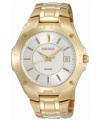 A refined dress watch from Seiko with a pale goldtone luster that spells sophistication at every hour of the day. Goldtone stainless steel bracelet and round case. Round white dial with logo, date window and stick indices. Quartz movement. Water resistant to 100 meters. Three-year limited warranty.