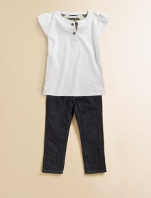 A simple tee gets the feminine treatment with sweet flutter sleeves and touches of Burberry checks.Ribbed crew necklineCap flutter sleevesButton placket with check trimEmbroidered logo at hemCottonMachine washImported Please note: Number of buttons may vary depending on size ordered. 