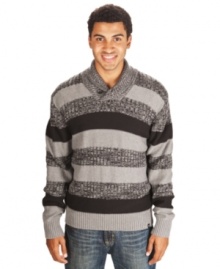 With a shawl collar and striped design, this Marc Ecko Cut & Sew sweater is cozy and classy. With a shawl collar and striped design, this Marc Ecko Cut & Sew sweater is cozy and classy.