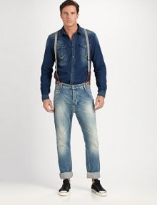 Heritage-inspired denim comes to life in this carpenter-fit silhouette with railroad stripe detailing, finished in a distressed, highly-faded wash.Detachable suspendersInseam, about 34CottonMachine washImported Heritage-inspired denim comes to life in this carpenter-fit silhouette with railroad stripe detailing, finished in a distressed, highly-faded wash.Detachable suspendersInseam, about 34CottonMachine washImported