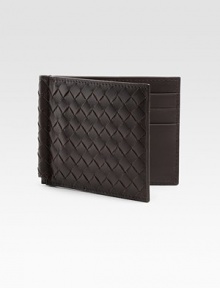 Calfskin leather with interior money clip in iconic woven design.Six credit card slots4½W x 3½H x ¼DMade in Italy Calfskin leather with interior money clip in iconic woven design.Six credit card slots4½W x 3½H x ¼DMade in Italy