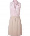 This elegant and versatile dress in fine viscose silk blend goes from work to dinner to party - Stylish in pale pink and sesame brown - Slim silhouette with feminine, draped shawl-neck and contrasting thigh-length skirt - Sleeveless - Pair with peep toe heels and a light cardigan on a cool night out