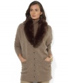 Lauren Ralph Lauren's cozy lambswool-blend cardigan is knit with ribbed sleeves and a detachable faux-fur collar for feminine style.