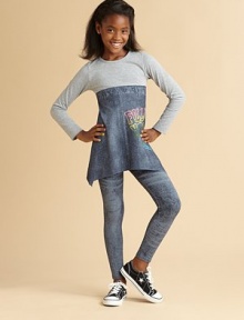 A solid bodice connects to a mock faded jean print skirt with a sequin-accented graphic and asymmetrical hem for a cute look.Crewneck Long sleeves Pullover style A-line silhouette Empire waist Inverted U-shaped hem 85% rayon/15% spandex Hand wash Additional InformationKid's Apparel Size Guide A solid bodice connects to a mock faded jean print skirt with a sequin-accented graphic and asymmetrical hem for a cute look.Crewneck Long sleeves Pullover style A-line silhouette Empire waist Inverted U-shaped hem 85% rayon/15% spandex Hand wash Additional InformationKid's Apparel Size Guide
