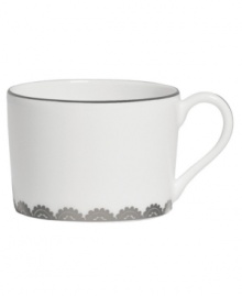 Vera Wang marries modern shapes with traditional lace in this set of dinnerware. The dishes are decidedly timeless. Platinum trim and banding add delicate feminine touches to this white bone china teacup. Vera Wang marries modern shapes with traditional lace in this set of dinnerware. The dishes are decidedly timeless. Platinum trim and banding add delicate feminine touches to this white bone china teacup.