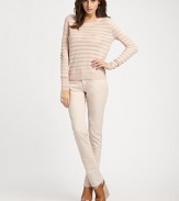 Traditional crewneck with semi-sheer stripes and ribbed details. CrewneckLong sleevesRibbed cuffs and hemInseam, about 3670% viscose/30% linenDry cleanImported of Italian fabric