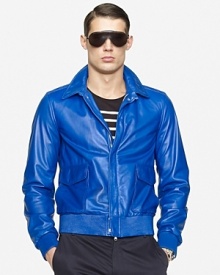 A modern interpretation of authentic military bomber jackets, this trim-fitting silhouette makes a bold statement in sumptuous Italian leather that's updated in bright, brilliant hue. A modern interpretation of authentic military bomber jackets, this trim-fitting silhouette makes a bold statement in sumptuous Italian leather that's updated in bright, brilliant hue.
