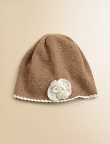 Your little one will brave the chilly temps with this charming hat trimmed with a contrast rosette and scallop edges.Contrast scallop edgingRosette trimPolyester/nylon/wool/angora/cashmereDry cleanImported Your little one will brave the chilly temps with this charming hat trimmed with a contrast rosette and scallop edges.Contrast scallop edgingRosette trimPolyester/nylon/wool/angora/cashmereDry cleanImported