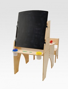 On one side, it's a desk. On the other side, it's an easel. On one side, it's a desk. On the other side, it's an easel.